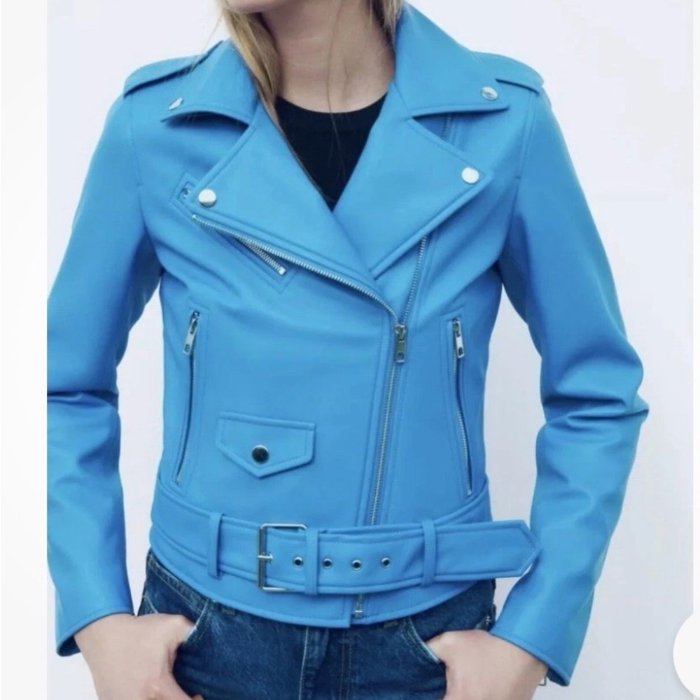 NWOT Zara Azure Faux Leather Moto Style Crop Belted Jacket Sky
Blue US Medium
